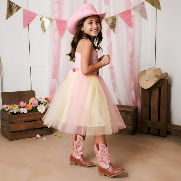 Kids Pink/Brown Cowgirl Boots Girls Cowboy Western Mid Calf Pull-On Riding Boots - Picture 2 of 6